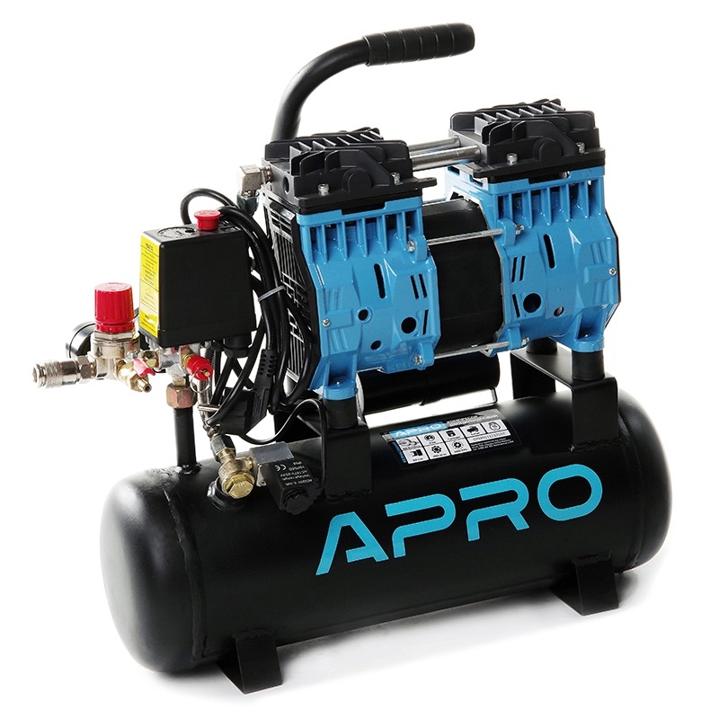 Компрессор APRO OFE-9 9 л, 0.6кВт, 8 бар, 152л/мин, кран + штуцер, двухцилиндровый