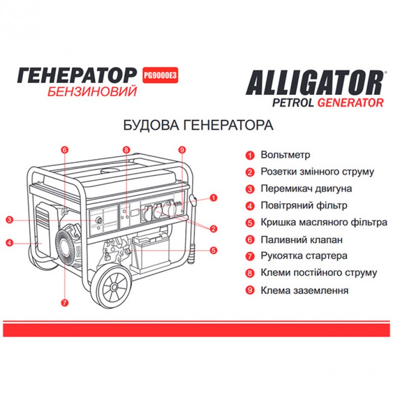Бензиновый генератор Alligator PG9000E3 с электростартером, 220/380В